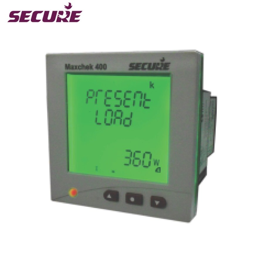 The image shows a Secure Maxchek 400 Demand Controller, a device used for monitoring and managing power consumption. It has a digital display with a green backlight, showing the present load in watts. The front panel includes navigation buttons for user control