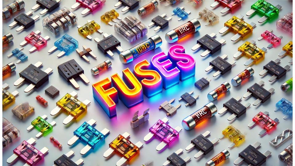 An_image_featuring_various_types_of_fuses_cartridge_fuses_blade-fuses_HRC-fuses_time-delay_fuses_fast-acting_fuses_and_word-FUSES_in_Vibrant_3D