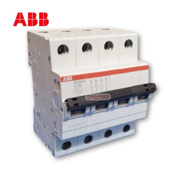 ABB SB204M C50 Miniature Circuit Breaker (MCB) – 4 Pole, 50A, with ON/OFF switch levers. White body with red branding and black switch handle. Distributed by Shansen Enterprises