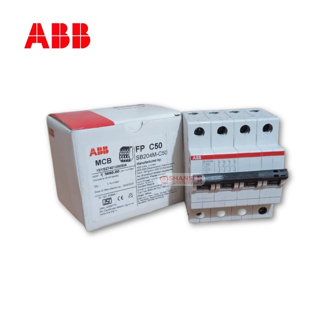 ABB SB204M C50 Miniature Circuit Breaker (MCB) – 4 Pole, 50A, shown alongside its original ABB packaging box with product details. Distributed by Shansen Enterprises. White unit with black toggles and red branding