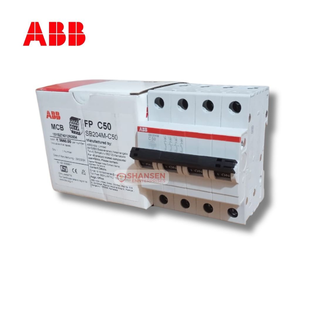 ABB SB204M C50 Miniature Circuit Breaker (MCB) – 4 Pole, 50A, shown alongside its original ABB packaging box with product details. Distributed by Shansen Enterprises. White unit with black toggles and red branding