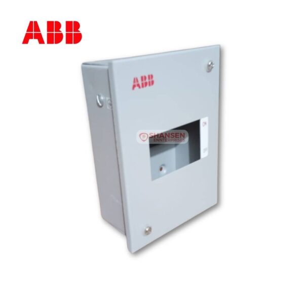 The image shows an ABB E-SEN 4P Distribution Board, a metal enclosure designed for flush/wall mounting. It features a sturdy build, a transparent cut-out window, and an IP30 rating for electrical protection. Available at Shansen Enterprises, Coimbatore