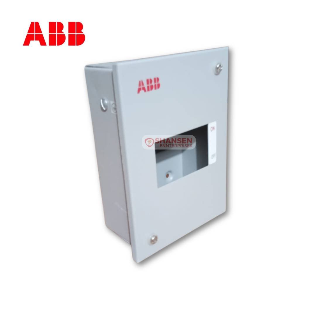 The image shows an ABB E-SEN 4P Distribution Board, a metal enclosure designed for flush/wall mounting. It features a sturdy build, a transparent cut-out window, and an IP30 rating for electrical protection. Available at Shansen Enterprises, Coimbatore