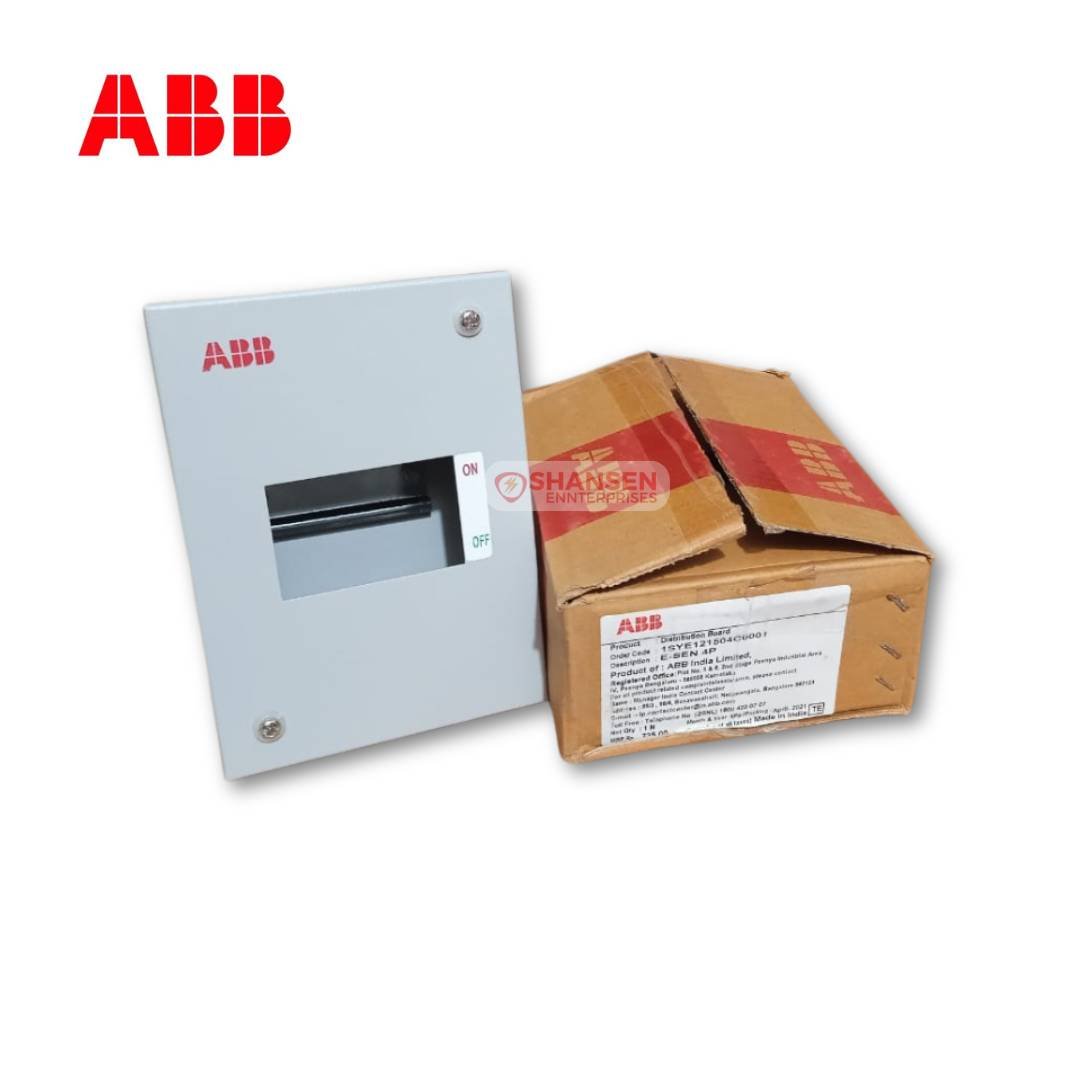 The image features an ABB E-SEN 4P Distribution Board alongside its original packaging. This metal enclosure is designed for flush/wall mounting, ensuring safe and efficient power distribution. Available at Shansen Enterprises, Coimbatore