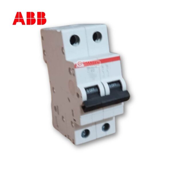 ABB branded 2-pole miniature circuit breaker with black ON/OFF toggle switches, labeled "40A", featuring red accent branding and Shansen Enterprises watermark, designed for electrical protection in residential and industrial setups