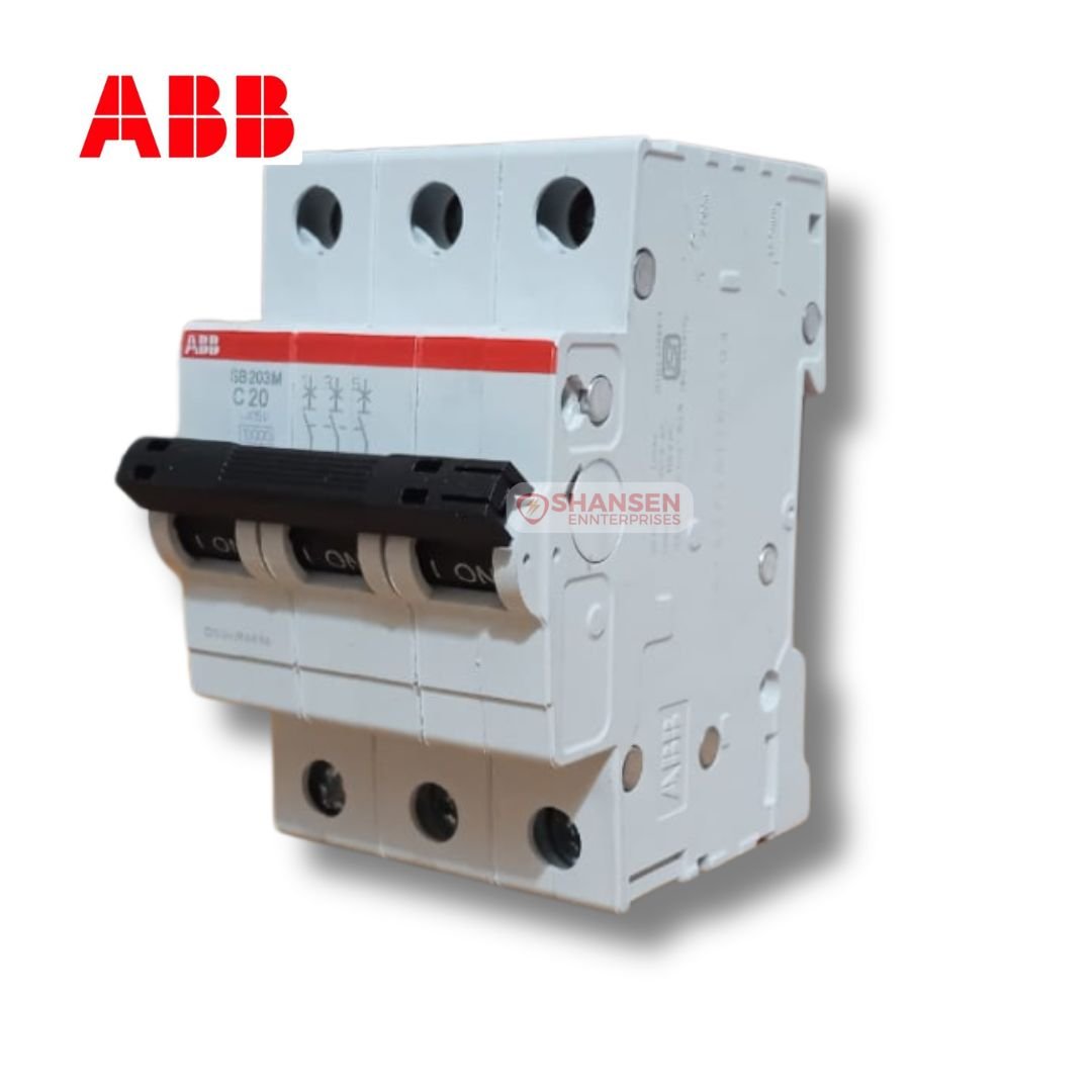 The image shows an ABB SB203M-C20 Miniature Circuit Breaker (MCB) with three poles and a C20 rating. The breaker has a white body with a red ABB logo on top. The black switch toggles are labeled "ON." The Shansen Enterprises watermark is visible