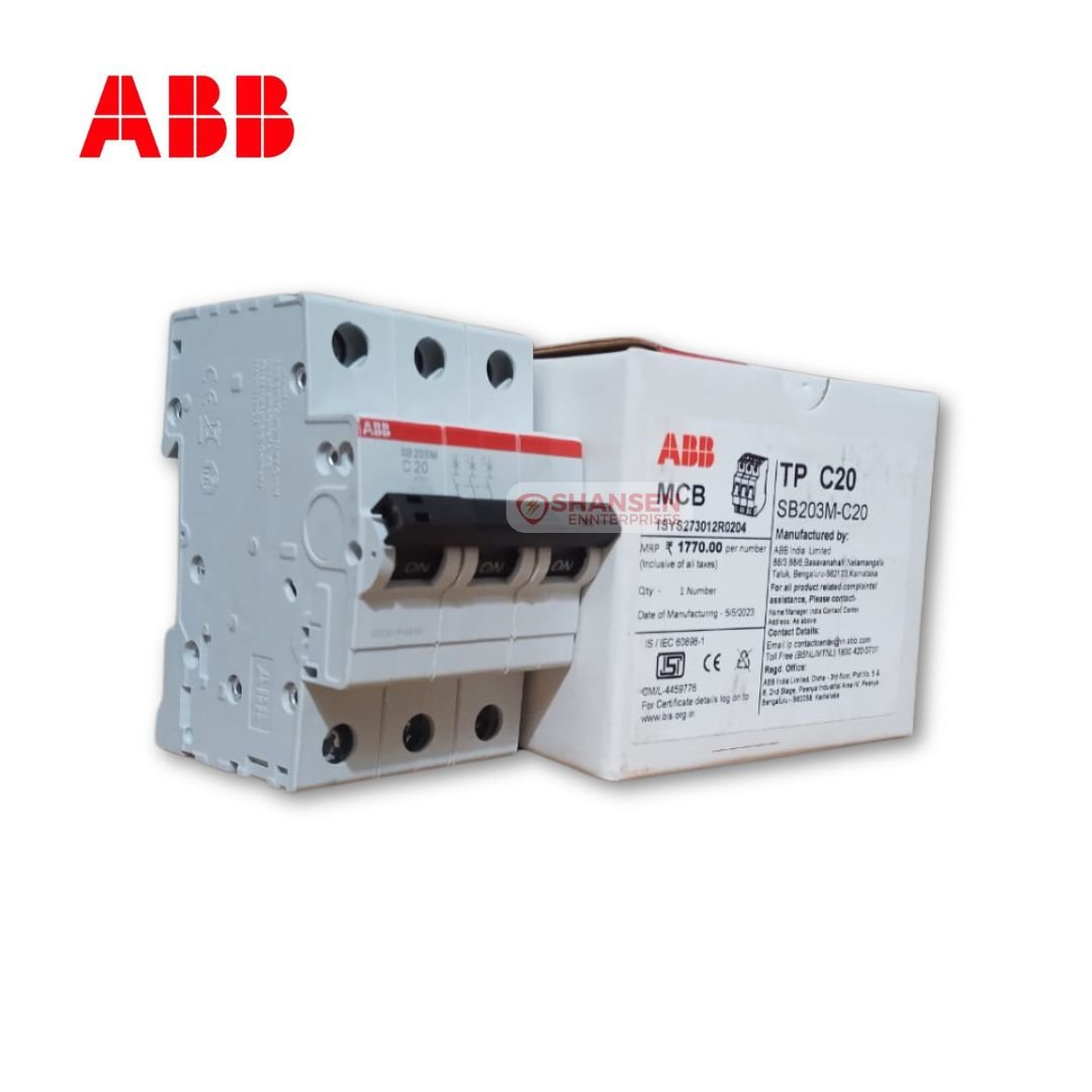 The image shows an ABB SB203M-C20 Miniature Circuit Breaker (MCB) with packaging. The white MCB has a red ABB logo and black toggle switches labeled "ON". The box displays the model name, specifications, and pricing. The Shansen Enterprises watermark is visible