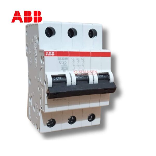 The image shows an ABB SB203M-C25 Miniature Circuit Breaker (MCB) with a 3-pole design. It has a C-curve tripping characteristic and is rated for 25A and 415V. The device features a toggle actuator with an "ON/OFF" marking and a red ABB logo at the top. The branding of Shansen Enterprises is visible on the product