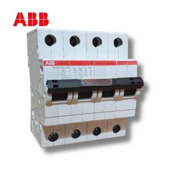 The image shows an ABB SH203M-NA Miniature Circuit Breaker (MCB) with a C 20 rating. It is a 4-pole, 20A MCB designed for electrical protection. The Shansen Enterprises watermark is visible, indicating it's available through them. The ABB logo is present at the top left