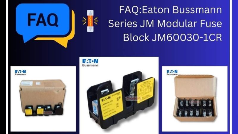 The image features a FAQ banner for the Eaton Bussmann Series JM Modular Fuse Block JM60030-1CR. It includes a blue speech bubble with "FAQ" text, a fuse icon, and three product images: a packaged box with fuse blocks, a close-up of a fuse block with labels, and an open box containing multiple fuse blocks. The background is a dark blue gradient with white-bordered sections
