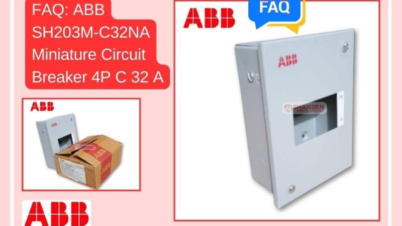 The image showcases an ABB E-SEN 4P Distribution Board with a metal enclosure, alongside its original ABB packaging. It features an ON/OFF switch window and is branded with Shansen Enterprises, an authorized ABB dealer. The design includes an FAQ section highlighting the ABB SH203M-C32NA Miniature Circuit Breaker (4P, C 32A)