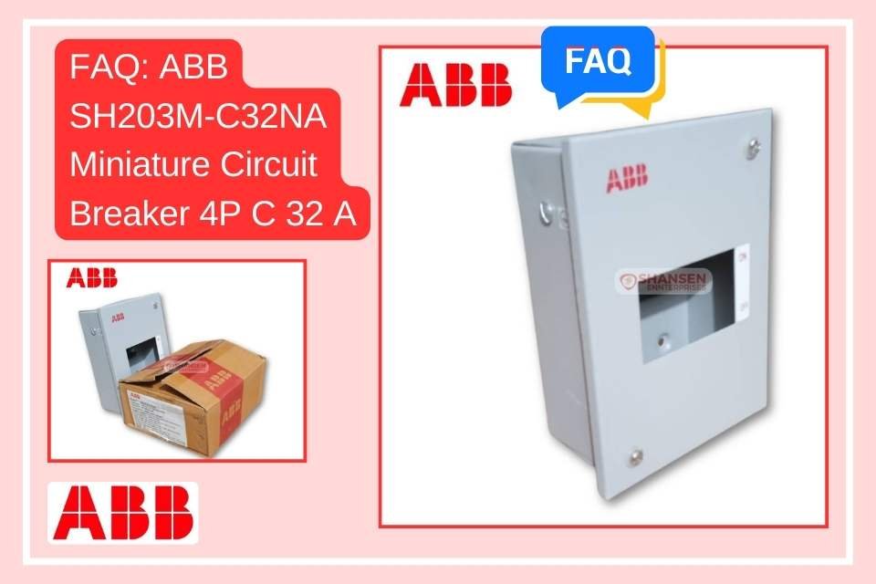 The image showcases an ABB E-SEN 4P Distribution Board with a metal enclosure, alongside its original ABB packaging. It features an ON/OFF switch window and is branded with Shansen Enterprises, an authorized ABB dealer. The design includes an FAQ section highlighting the ABB SH203M-C32NA Miniature Circuit Breaker (4P, C 32A)