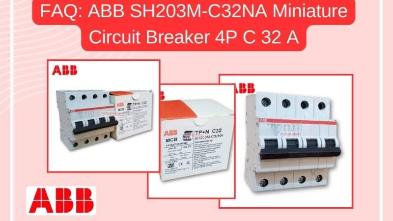 The image is an FAQ banner for the ABB SH203M-C32NA Miniature Circuit Breaker (MCB) with 4P C 32A specifications. It features three product images showcasing the breaker and its packaging, along with the ABB logo. The design uses a red and white color scheme with a bold heading for clarity