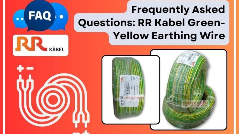 The image features an FAQ banner for RR Kabel Green-Yellow Earthing Wire. It includes the RR Kabel logo, two product images of the earthing wire rolls, and a red background with white wire illustrations. The text highlights frequently asked questions about the product