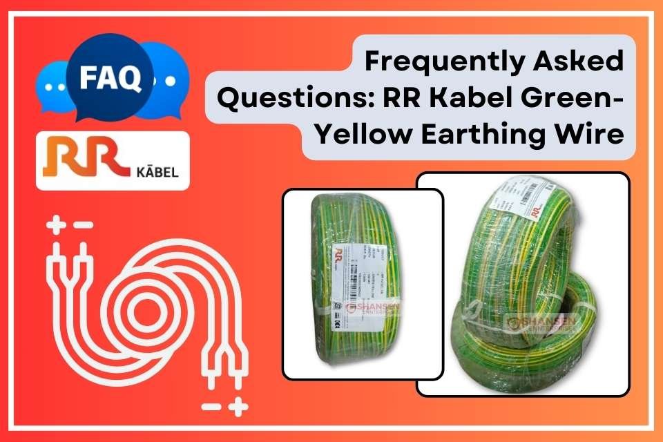 The image features an FAQ banner for RR Kabel Green-Yellow Earthing Wire. It includes the RR Kabel logo, two product images of the earthing wire rolls, and a red background with white wire illustrations. The text highlights frequently asked questions about the product