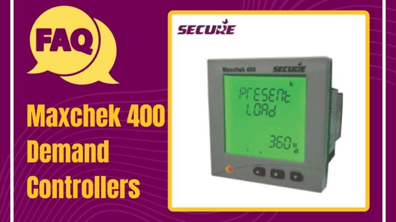 The image is a FAQ banner for Secure Maxchek 400 Demand Controllers. It features a purple and yellow theme with the "FAQ" icon on the left and the product image on the right. The Secure Maxchek 400 device is displayed with its digital screen showing the present load in watts