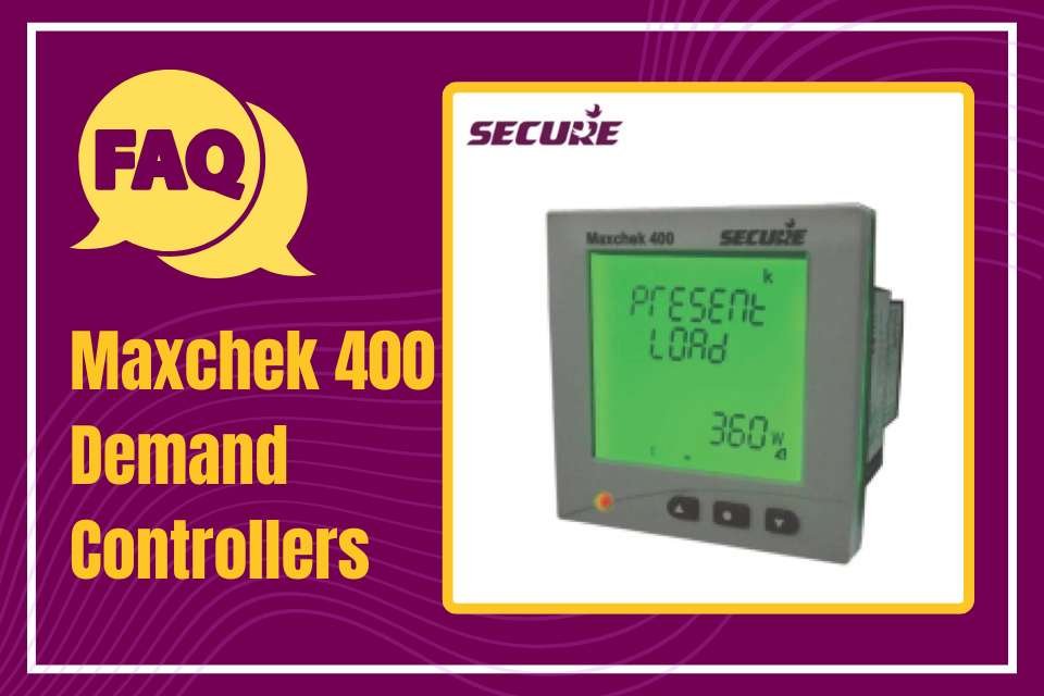 The image is a FAQ banner for Secure Maxchek 400 Demand Controllers. It features a purple and yellow theme with the "FAQ" icon on the left and the product image on the right. The Secure Maxchek 400 device is displayed with its digital screen showing the present load in watts