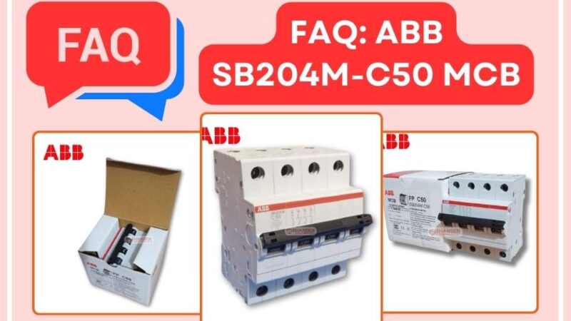 A visually engaging FAQ banner for the ABB SB204M-C50 Miniature Circuit Breaker (MCB). Features product close-ups, boxed packaging, and branding elements, designed by Shansen Enterprises for customer awareness and product clarity