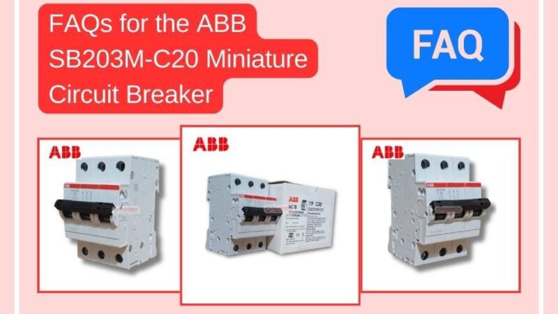 The image is a FAQ banner for the ABB SB203M-C20 Miniature Circuit Breaker (MCB). It has a red and white theme with the ABB logo and three product images. A speech bubble with "FAQ" in blue and white is in the top right, highlighting frequently asked questions