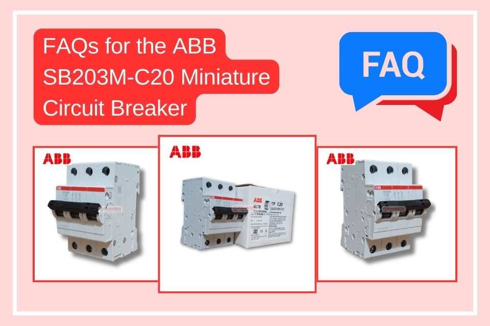 The image is a FAQ banner for the ABB SB203M-C20 Miniature Circuit Breaker (MCB). It has a red and white theme with the ABB logo and three product images. A speech bubble with "FAQ" in blue and white is in the top right, highlighting frequently asked questions