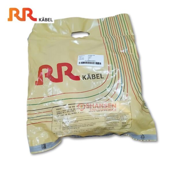 This image shows a packaged product from RR Kabel, a well-known brand specializing in wires and cables. The packaging is a plastic bag with a yellowish-beige background, featuring the RR Kabel logo prominently in red. The design includes curved, multi-colored lines, likely representing electrical wiring