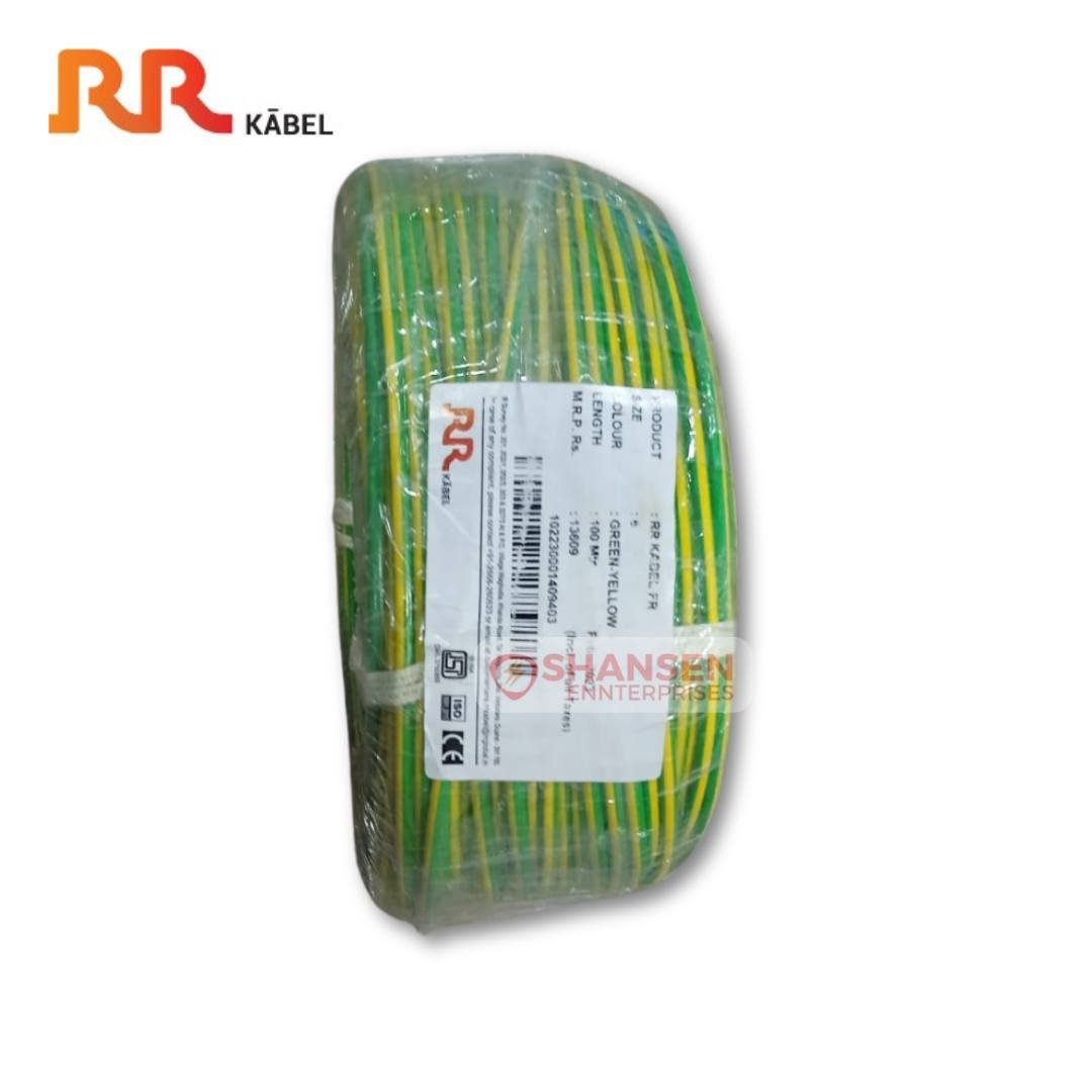 The image features a coil of electrical wire wrapped in transparent plastic packaging. The wire is green with yellow stripes, which is commonly used for earthing or grounding applications. A white label with black text is attached to the coil, displaying product specifications, including the brand RR Kabel, wire size, length, and other relevant details