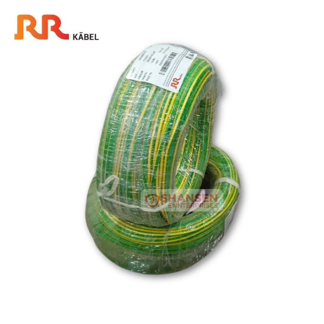 The image shows two coils of electrical wires wrapped in transparent plastic packaging. The wires are green with yellow stripes, which typically indicates they are grounding or earthing wires. There is a label on the top coil with text and a red "RR" logo, suggesting the brand is RR Kabel, a well-known manufacturer of electrical cables and wires