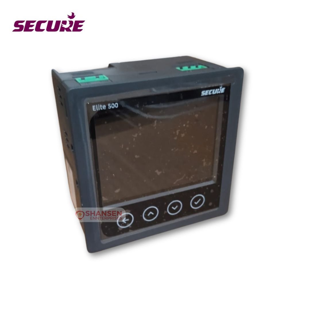 The image shows a Secure Elite 500 device, which appears to be an energy meter or network recorder. It has a touchscreen display with four navigation buttons below. The Secure logo is visible at the top left, and there is a watermark of Shansen Enterprises on the front