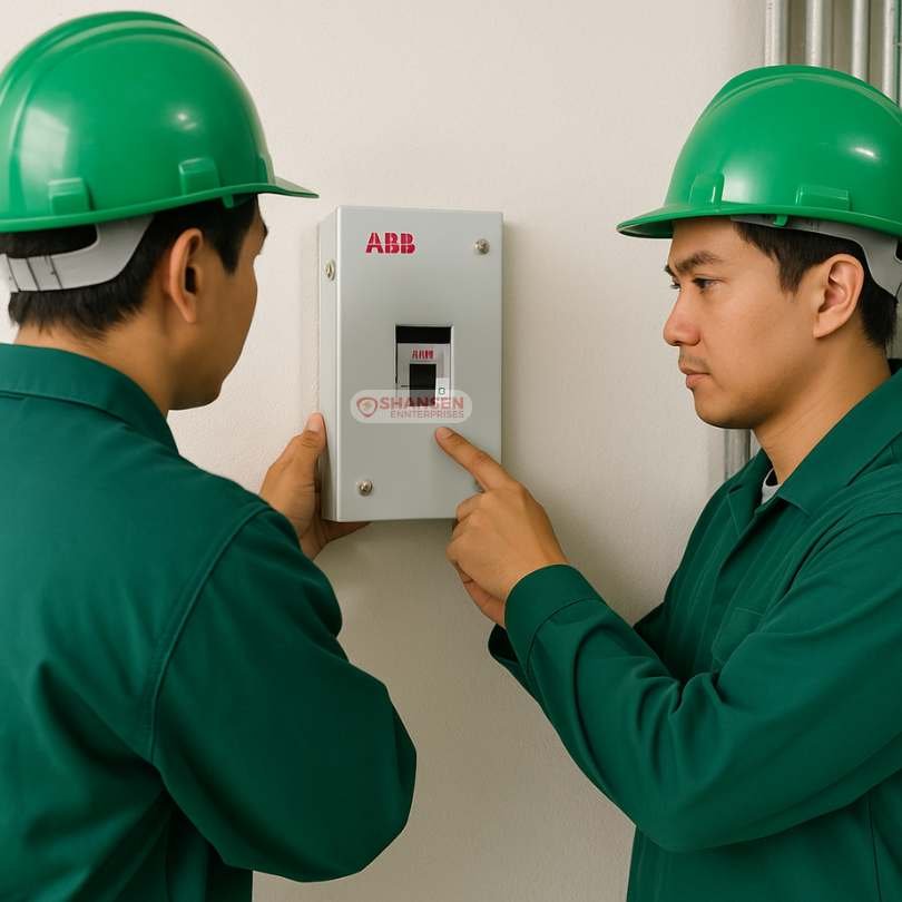 Electrical engineers installing ABB E-SEN 2P Metal Enclosure Distribution Board on wall – Shansen Enterprises