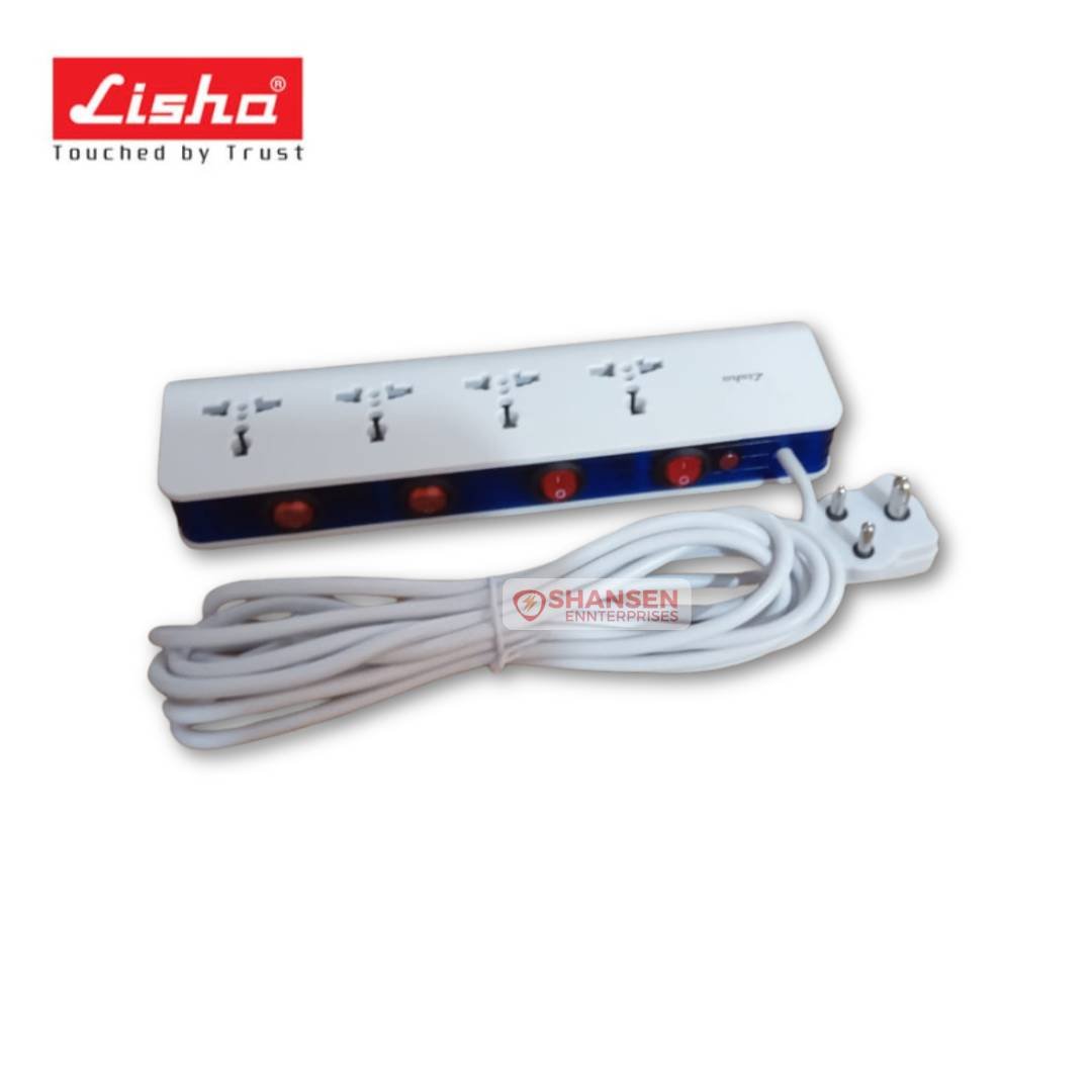 Front view of Lisha APEX 6A Power Strip with 4 sockets, 4 individual switches, and 4-meter heavy-duty cord – Shansen Enterprises