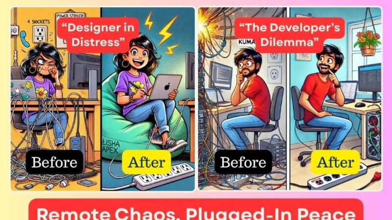Cartoon showing "Before and After" scenes of remote work chaos and peace with Lisha Apex Power Strip