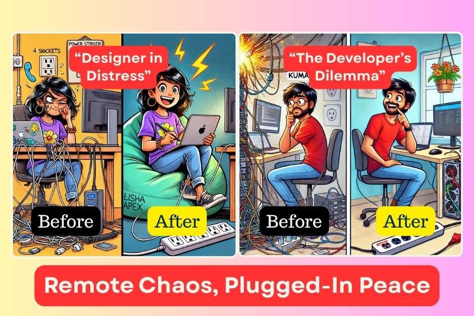 Cartoon showing "Before and After" scenes of remote work chaos and peace with Lisha Apex Power Strip