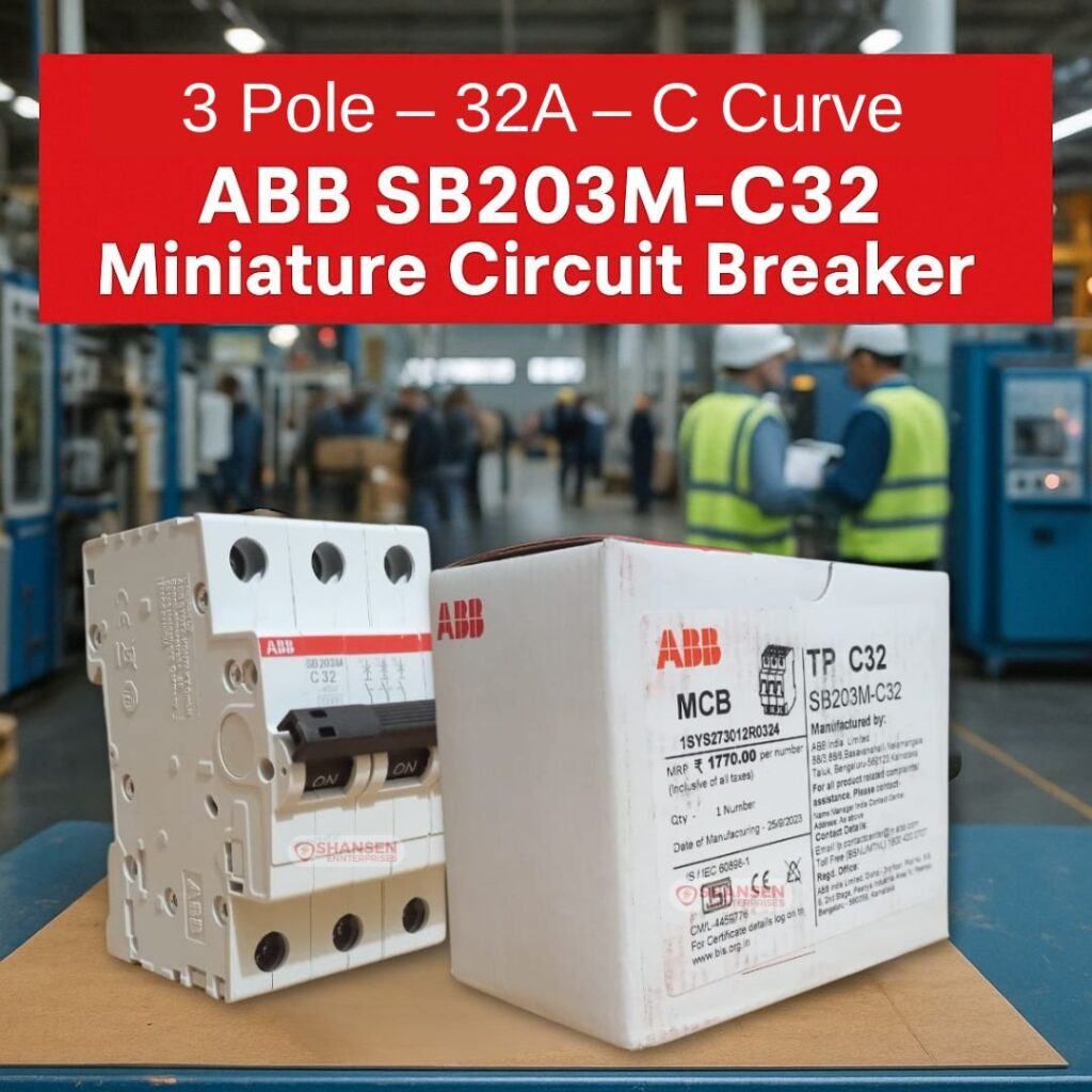ABB SB203M-C32 Miniature Circuit Breaker with Box in Industrial Factory Background