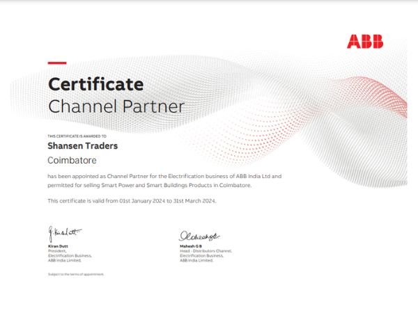 ABB Authorized Channel Partner Certificate awarded to Shansen Traders Coimbatore for selling Smart Power and Smart Buildings products