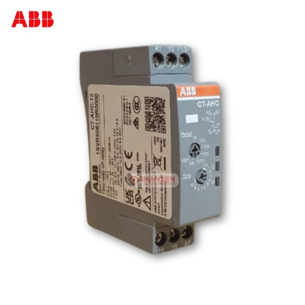 ABB CT-AHC.12 Time Relay Close-Up View with Product Label and Terminal Details