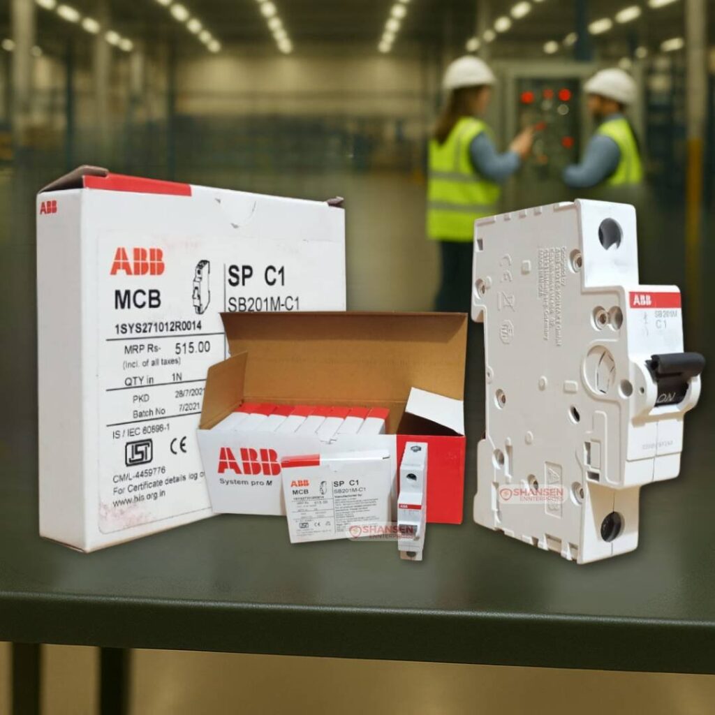 ABB SB201M-C1 Miniature Circuit Breaker with product packaging in industrial factory background