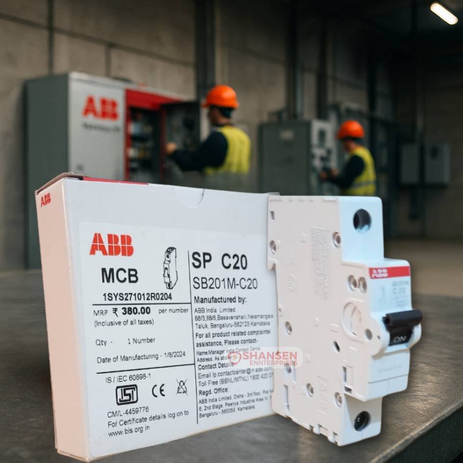 ABB SB201M-C20 Miniature Circuit Breaker with Packaging on Workbench - Industrial Electricians in Background - Shansen Enterprises
