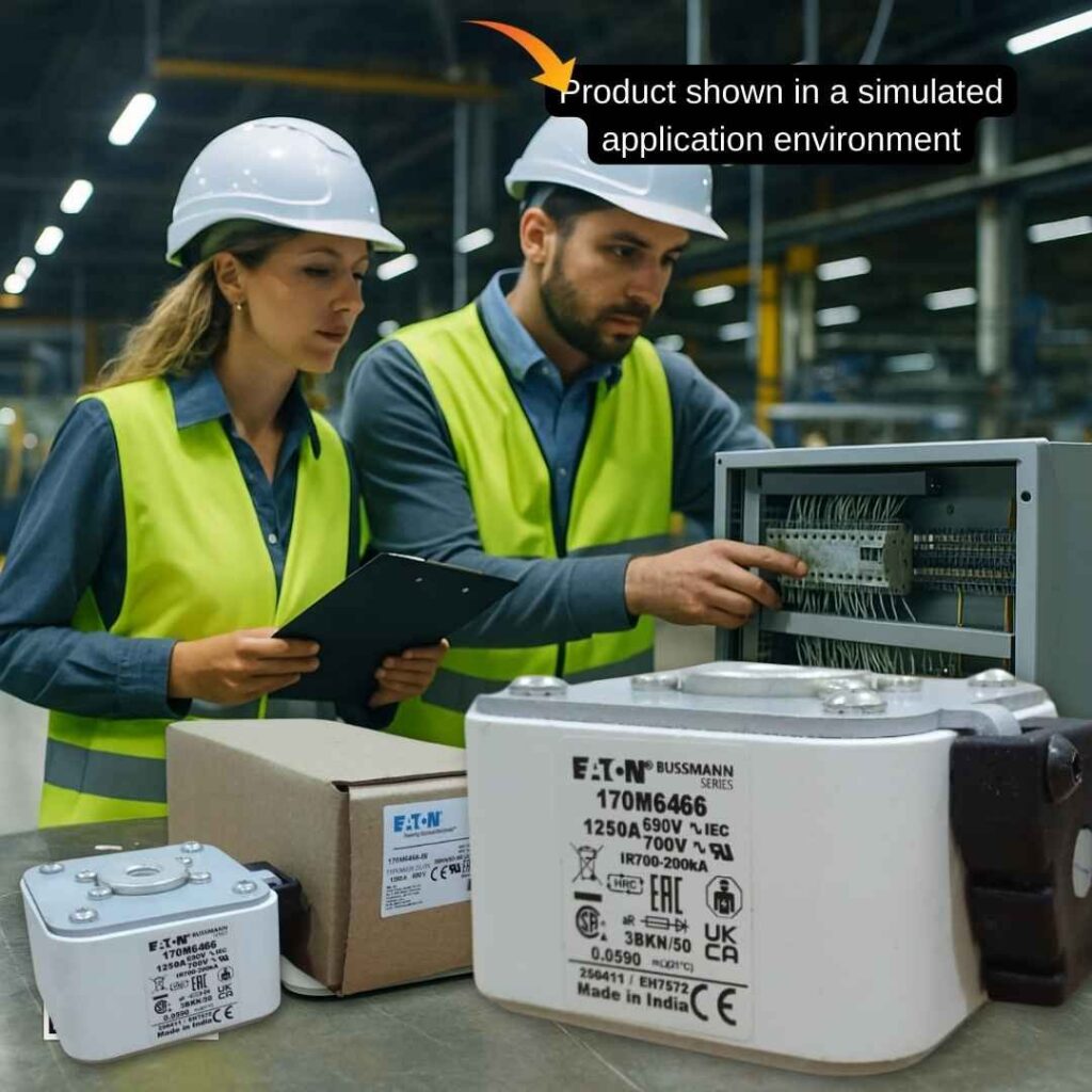 Eaton Bussmann 170M6466 fuse displayed on workbench with engineers inspecting control panel – Shansen Enterprises