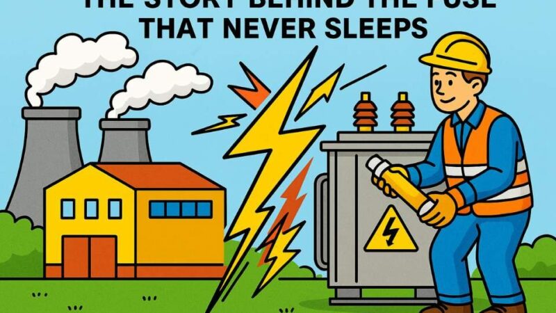 Cartoon-style illustration of an engineer installing a fuse next to a transformer, symbolizing the safety role of the Eaton Bussmann fuse in medium-voltage electrical systems