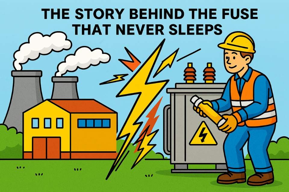 Cartoon-style illustration of an engineer installing a fuse next to a transformer, symbolizing the safety role of the Eaton Bussmann fuse in medium-voltage electrical systems