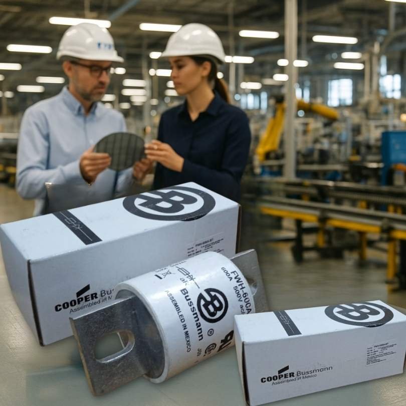 Eaton Bussmann FWH-600A high-speed fuse and packaging in an automation factory with two engineers inspecting a semiconductor