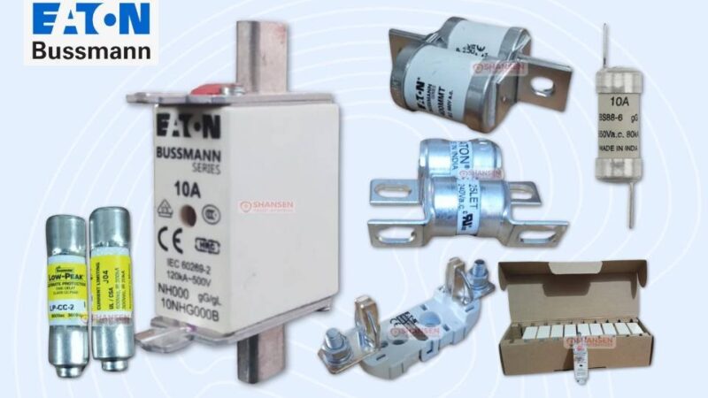 Eaton Bussmann series fuse types collage including low voltage fuses, fuse holders, and box-packed fuses