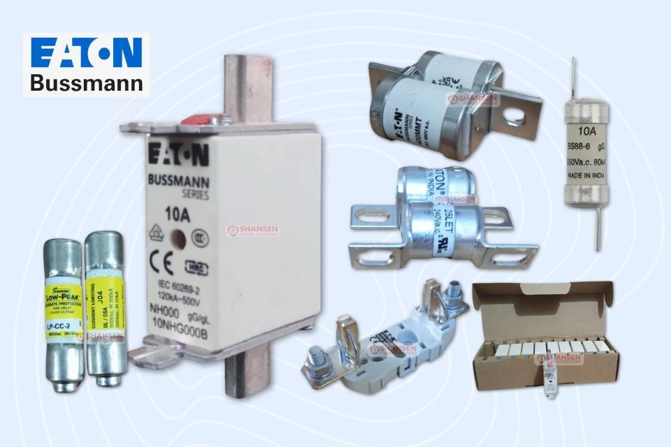 Eaton Bussmann series fuse types collage including low voltage fuses, fuse holders, and box-packed fuses