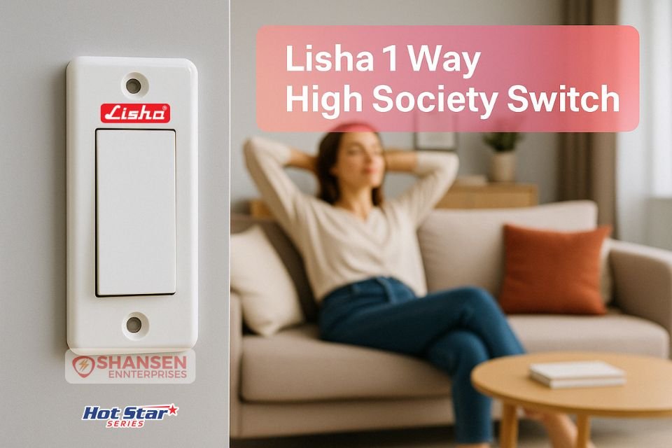 Lisha 1 Way High Society Switch installed on wall in modern living room with woman relaxing on sofa – Hotstar Series by Shansen Enterprises