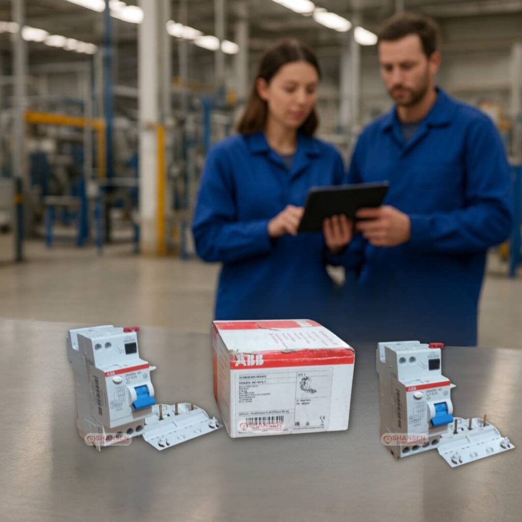 ABB DDA204 AC-40/0.1 RCD Blocks Displayed on Steel Table with Technicians in Factory – Shansen Enterprises