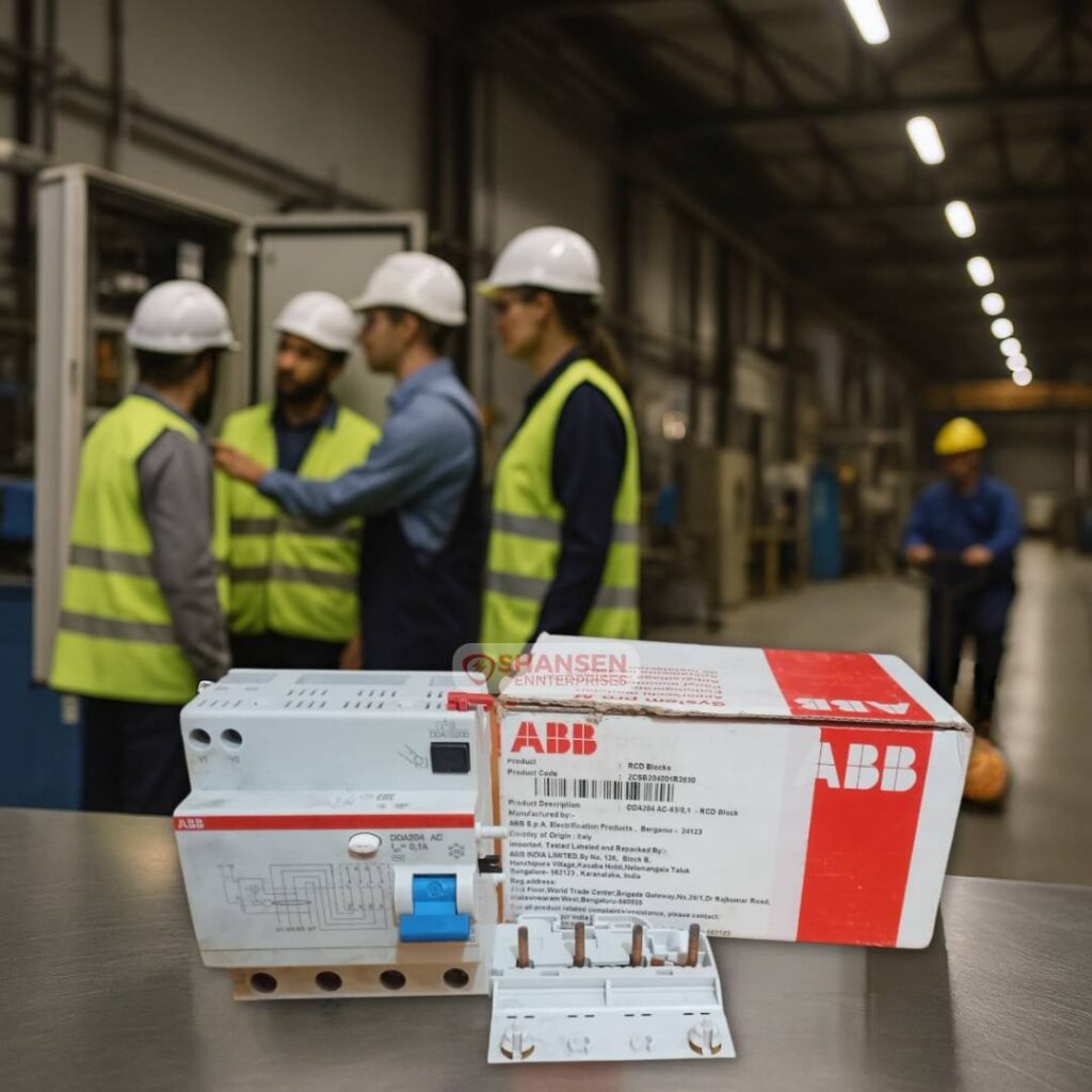 ABB DDA204 AC RCD Block displayed on steel table in factory with technicians and control panel – Shansen Enterprises