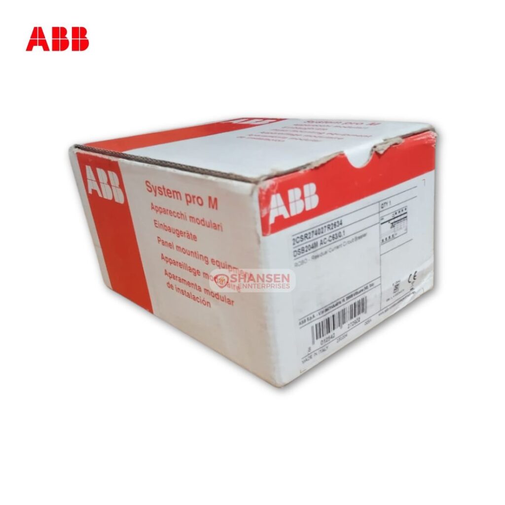 ABB DSB204M AC-C63 RCCB original box label close-up – Supplied by Shansen Enterprises, Authorized ABB Channel Partner