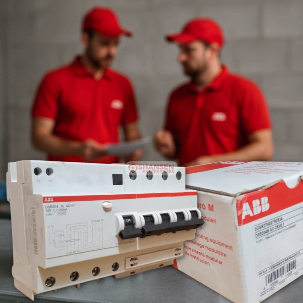 ABB DSB204M RCCB on steel table with original box, background technicians in red uniforms – Supplied by Shansen Enterprises