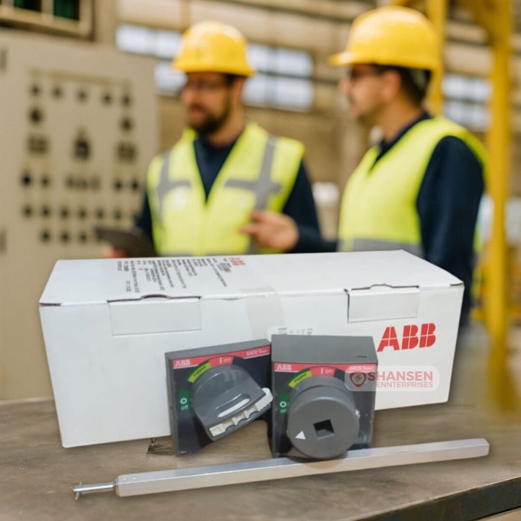 ABB RHE XT1-XT3 rotary handle kit displayed on a workbench with two engineers near a control panel in the background at a factory