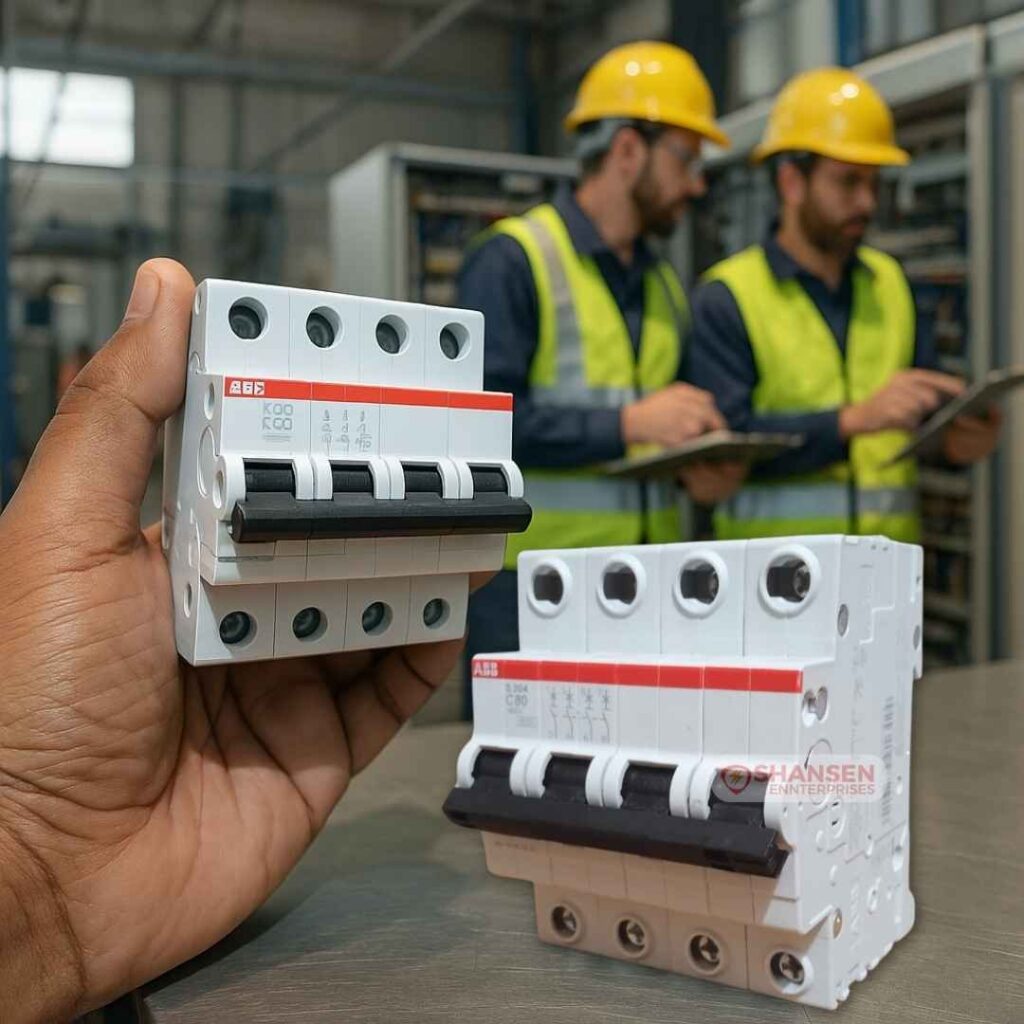 ABB S204-C80 MCB held in hand with engineers inspecting control panels – Shansen Enterprises ABB Channel Partner